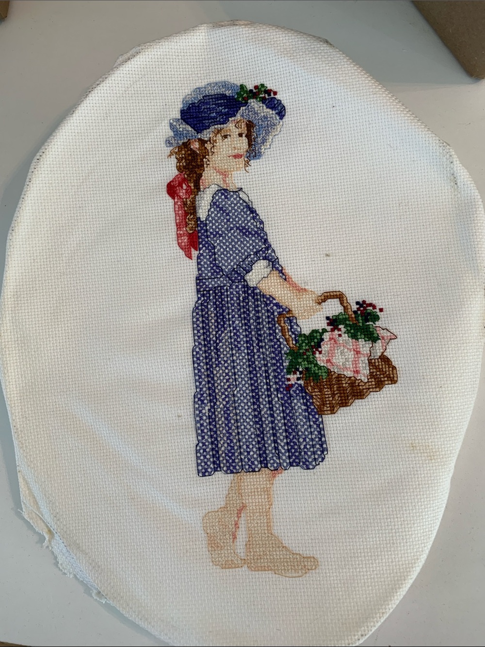 Hand-Embroidered Blue Polka Dot Girl Tote Panel